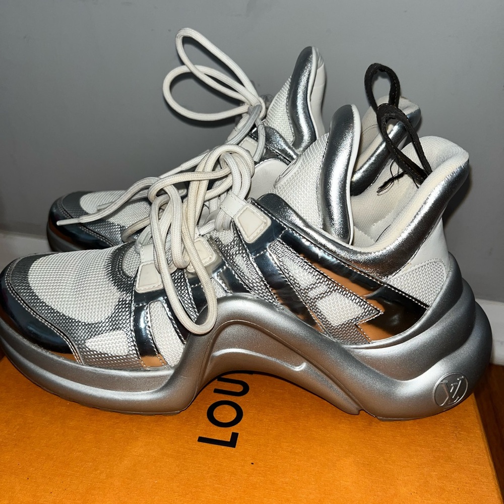 Louis Vuitton Women's Metallic Silver and White Sneakers